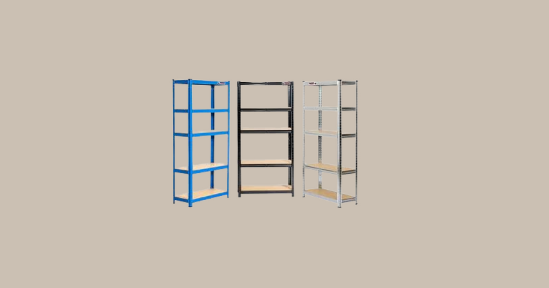 Rhino Racking galvanized, black and blue shelving